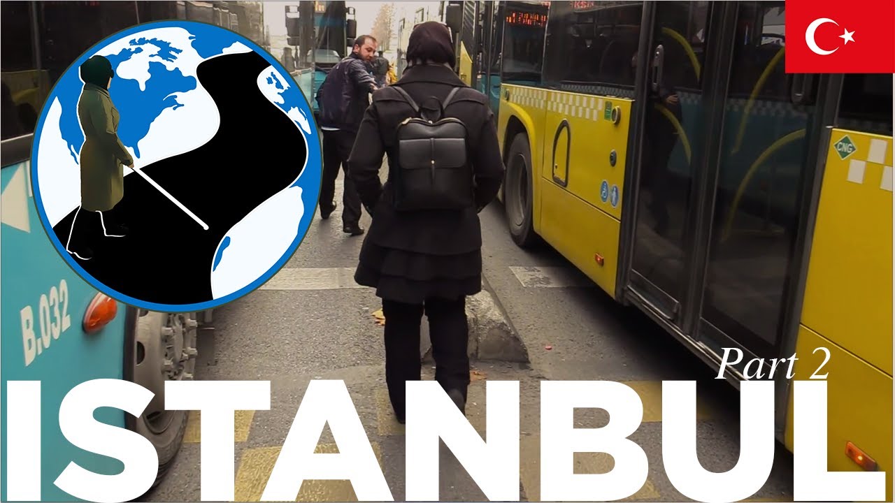 An image of Mona with her luggage from behind as she walks between busses in a Turskish Bus Depot. In the top left corner is the PTC Logo. A cartoon Mona with her cane walking across a street on a globe. In the top right is the flag of Turkey. 