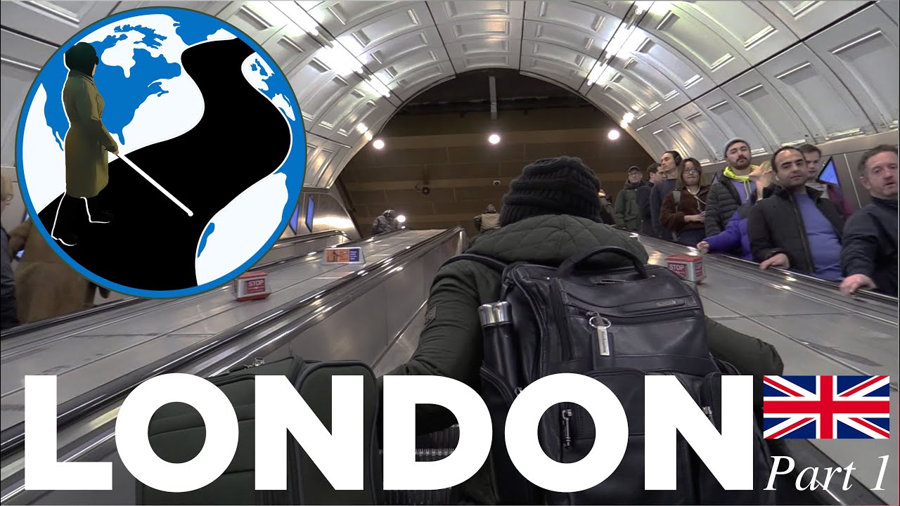 An image of Mona from behind as she takes an escalator in the London Underground. In the top left corner is the PTC Logo. A cartoon Mona with her cane walking across a street on a globe. 