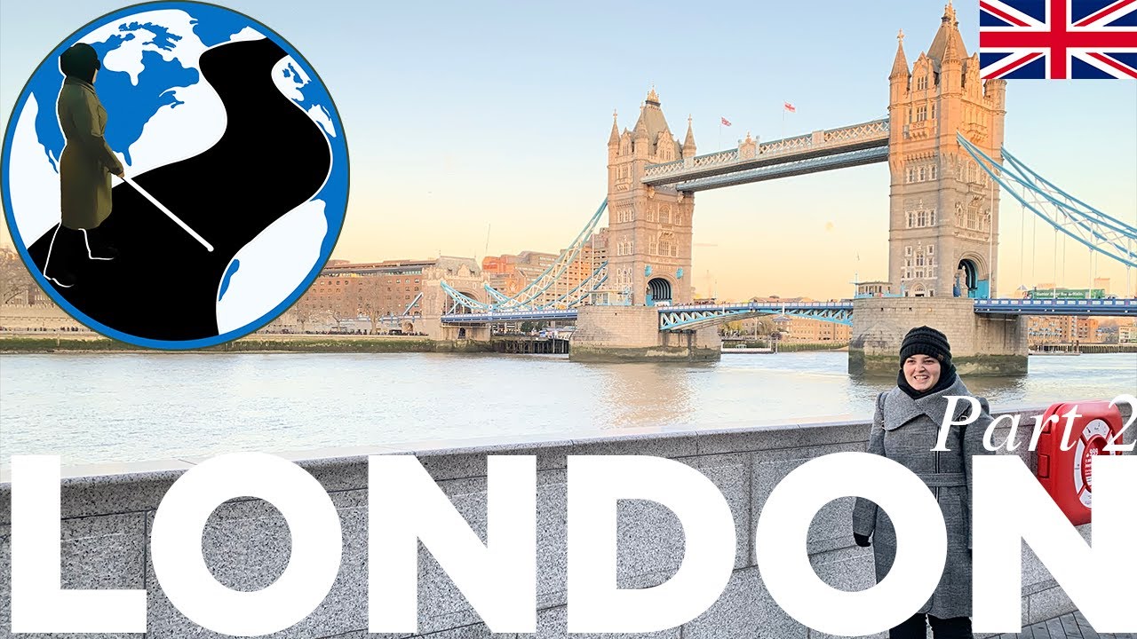 An image of Mona in a grey coat posing in front of the London Bridge. Behind her Is the Thames River. In the top left corner is the PTC Logo. A cartoon Mona with her cane walking across a street on a globe. In the top right is the UK flag. 