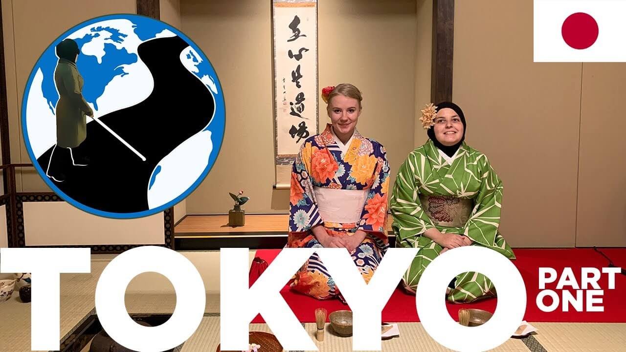 An image of Mona and Natalie dressed in Kimonos kneeling in a Japanese style room. In the top left corner is the PTC Logo. A cartoon Mona with her cane walking across a street on a globe. In the top right he flag of Japan.  